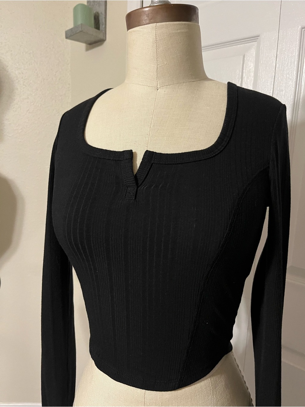 Black Ribbed Long-Sleeve Square Neck Dress